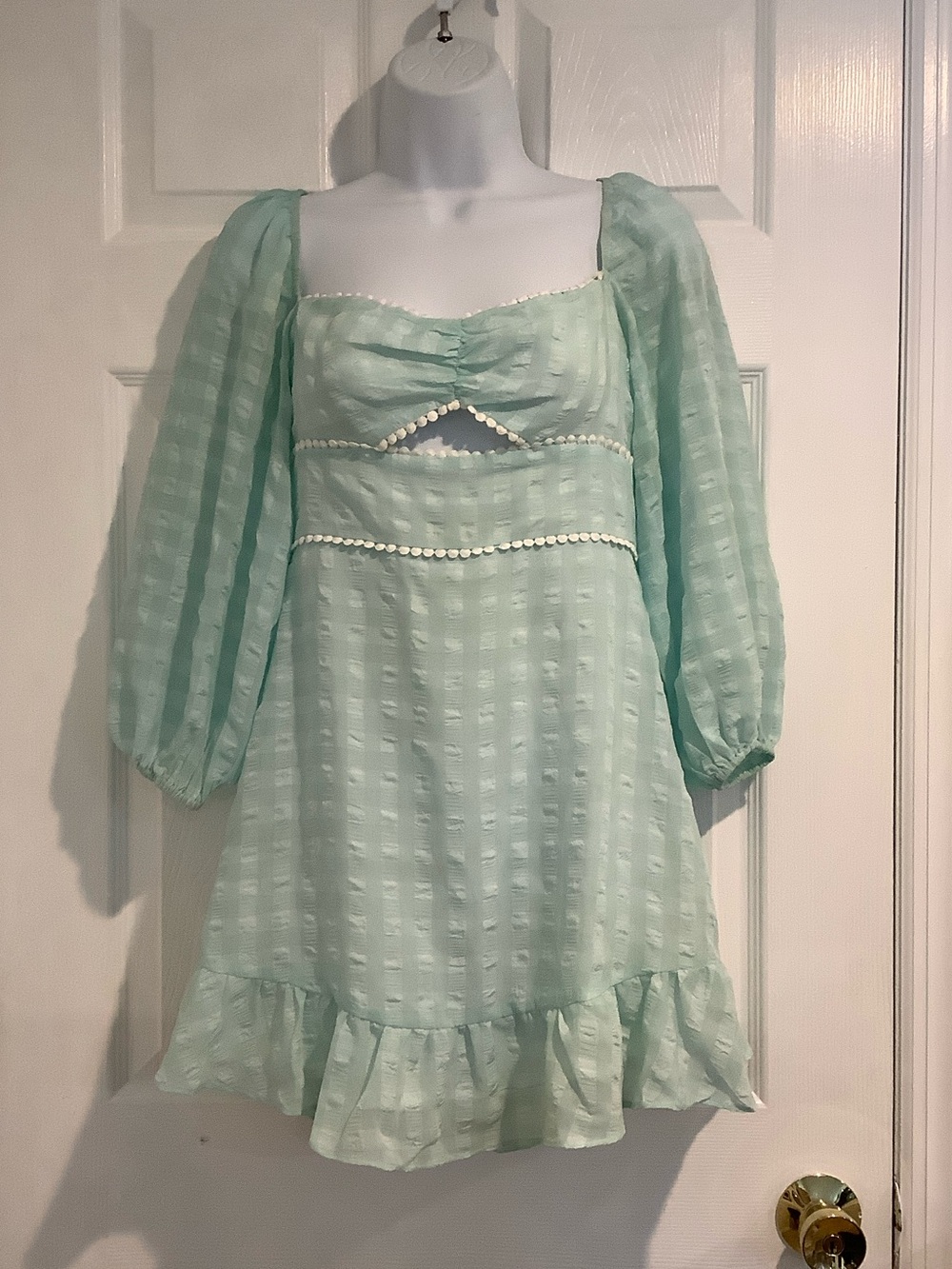 NWT HELLO MOLLY Mint Green Checker Puff Sleeve Cut Out Babydoll Twee Mini Dress